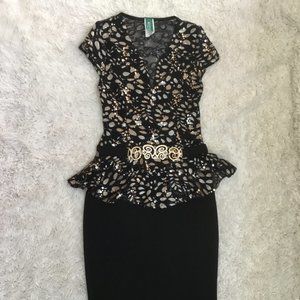 IPONA Peplum Mini Short Dress Printed Shine Lace V-Neck Short Sleeve Black S